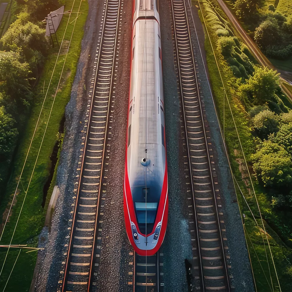 Top-down aerial view of a red high-speed train traveling on railway tracks, surrounded by green vegetation on both sides.