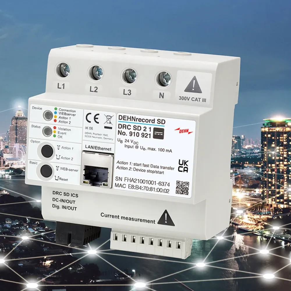 DIN-rail mounted DEHNrecord SD surge monitoring device with labeled terminals and Ethernet port, shown against a city skyline network background.
