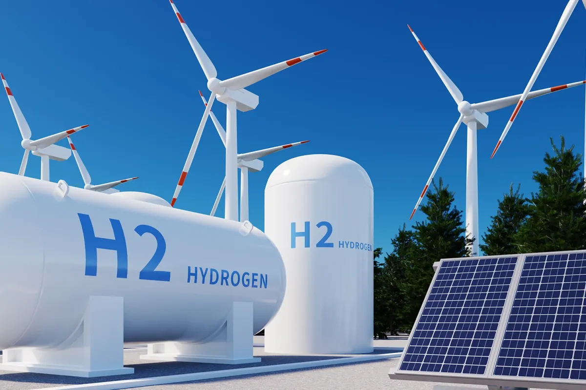 Hydrogen storage tanks labeled H2, wind turbines, and solar panels at a renewable energy facility under a clear blue sky.