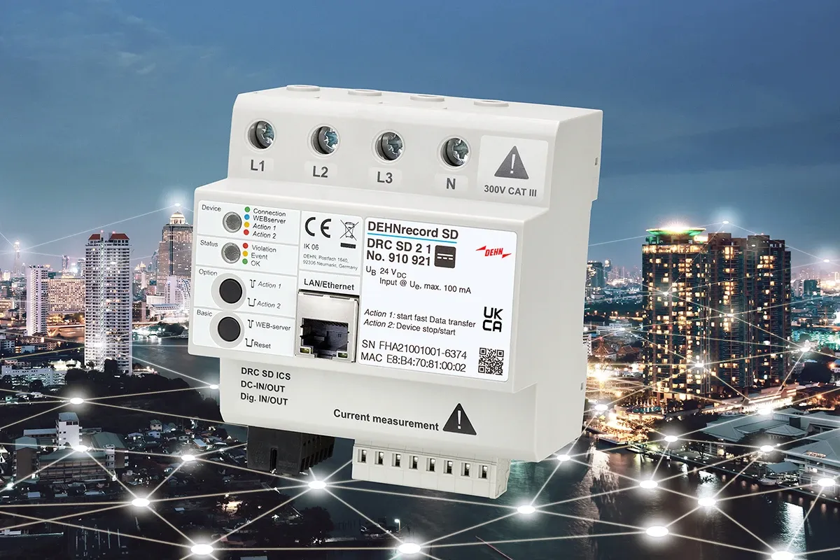 DIN-rail mounted DEHNrecord SD surge monitoring device with labeled terminals and Ethernet port, shown against a city skyline network background.